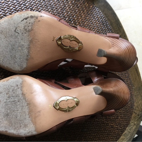 Ellie Tahari Brown Leather Peep Toe Sandals High Heels 9 1/2 - Picture 8 of 12